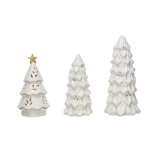 Stoneware Christmas Trees Set w/ 1 LED Tree