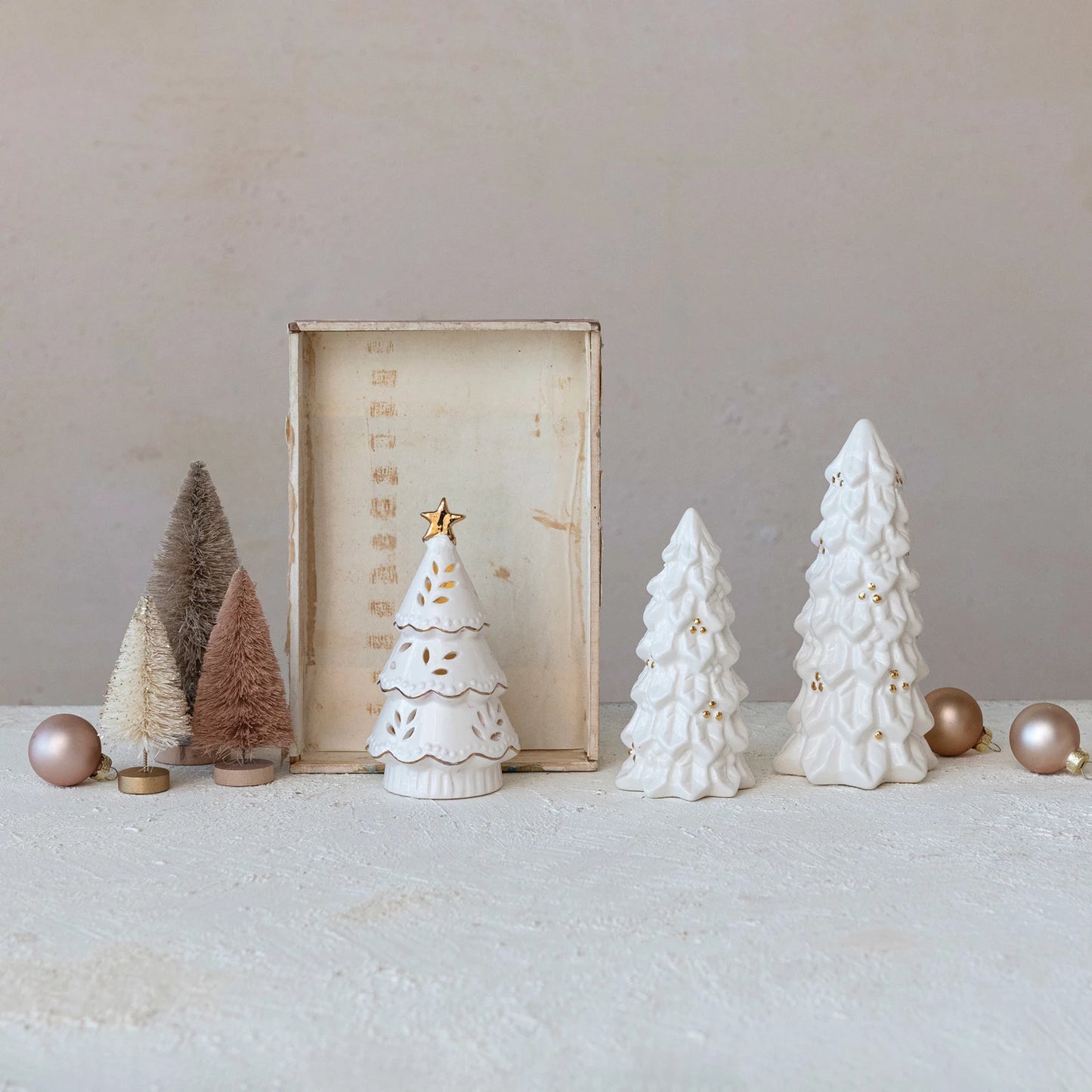 Stoneware Christmas Trees Set w/ 1 LED Tree