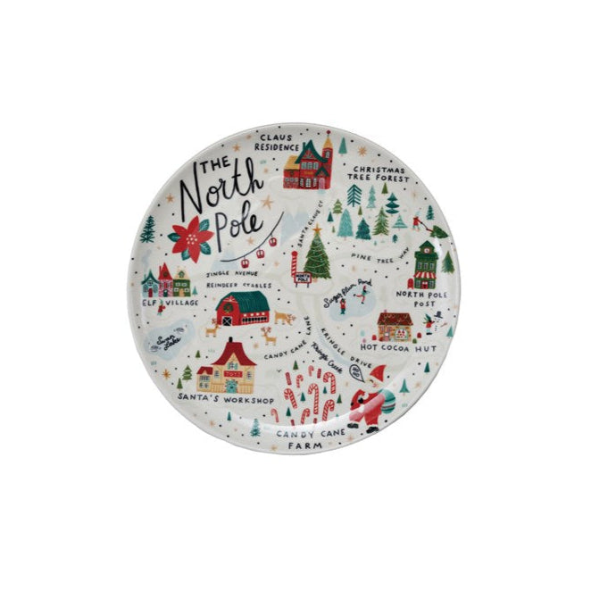 11" Round Stoneware Plate with North Pole Scene
