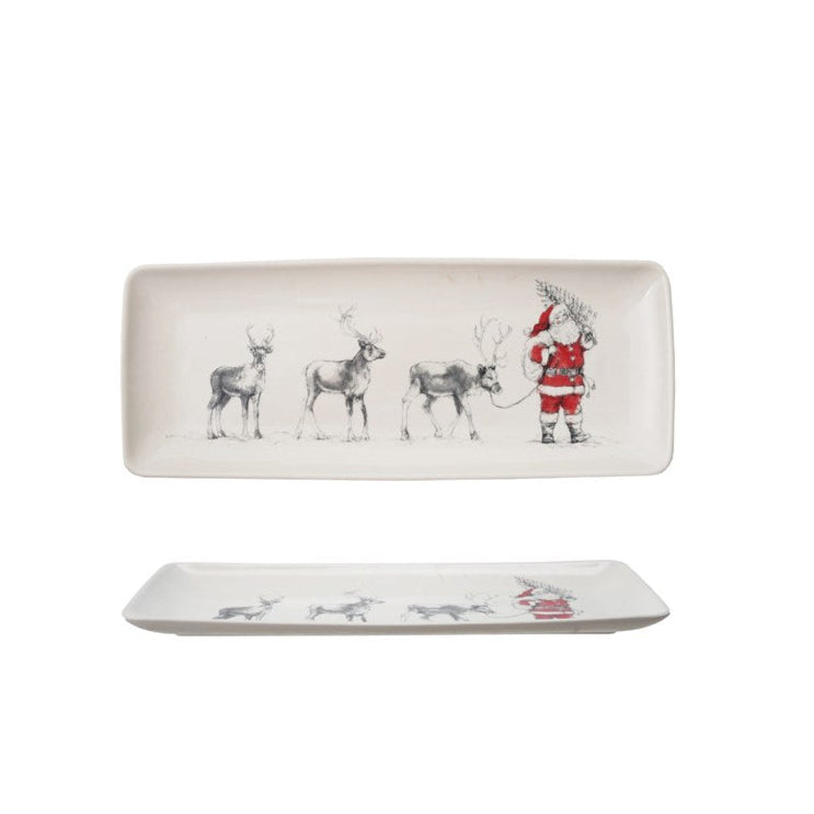 Stoneware Platter w/ Santa Leading Reindeer Image