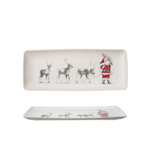 Stoneware Platter w/ Santa Leading Reindeer Image