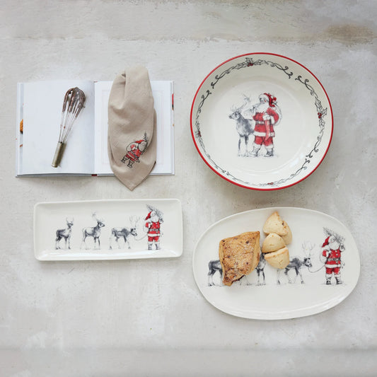 Stoneware Platter w/ Santa Leading Reindeer Image