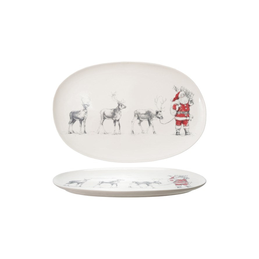 Oval Stoneware Platter w/ Santa Leading Reindeer Image