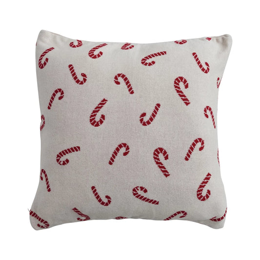 Square Cotton Knit Pillow w/ Candy Cane Pattern