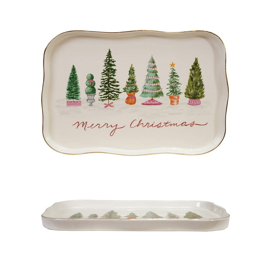 Stoneware Scalloped Platter w/ Trees & Gold Electroplating