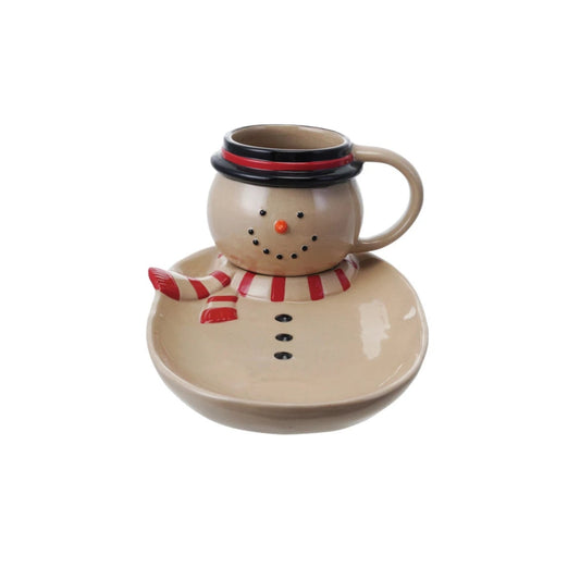 Hand-Painted Stoneware Snowman Mug w/ Platter