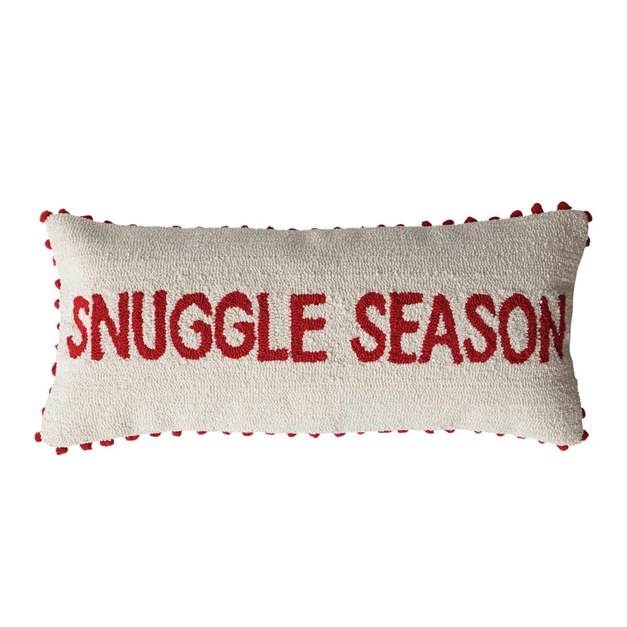 Tufted "Snuggle Season" Lumbar Pillow w/Pom Pom Trim