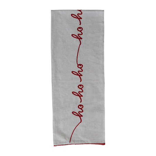 Table Runner w/ Pom Pom Trim & Embroidered "Ho Ho Ho"