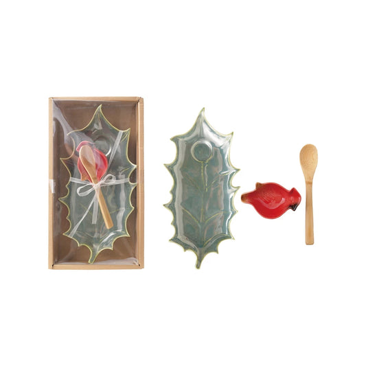 Stoneware Plate with Dish & Bamboo Spoon