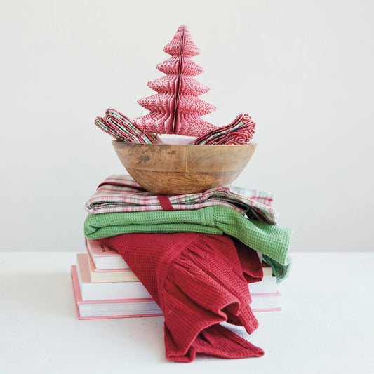 Woven Cotton Waffle Weave Tea Towels with Ruffle, Set of 3 Tied with Red Cotton Tape
