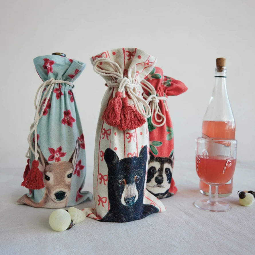 Cotton & Linen Printed Drawstring Wine Bag with Tassels, 3 Styles