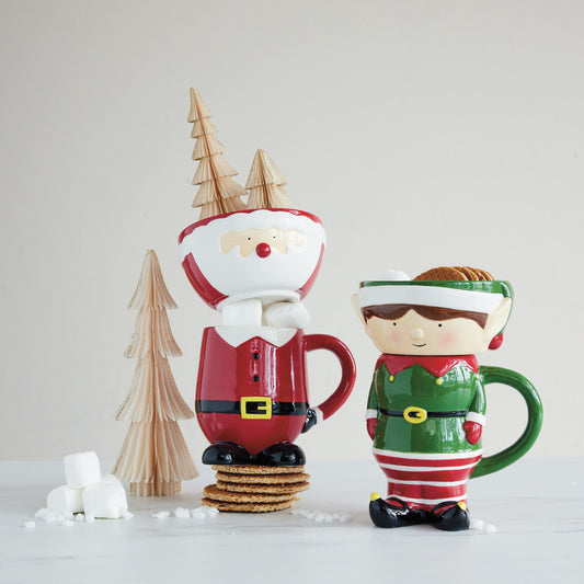 18 oz. Hand-Painted Ceramic Santa Shaped Mug & Stackable Bowl, Set of 2