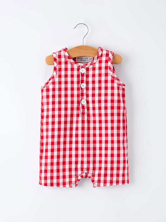 Summer Plaid Smocked Ruffle Boys Romper