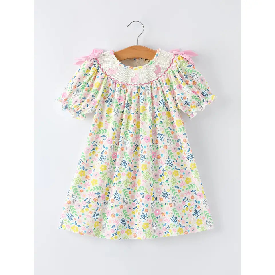 Easter Bunny Embroidered Pom-Pom Short-Sleeved Girls Dress