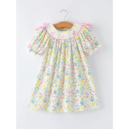 Easter Bunny Embroidered Pom-Pom Short-Sleeved Girls Dress