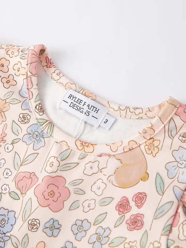 Easter Bunny Floral Puff Sleeves Girls Dress