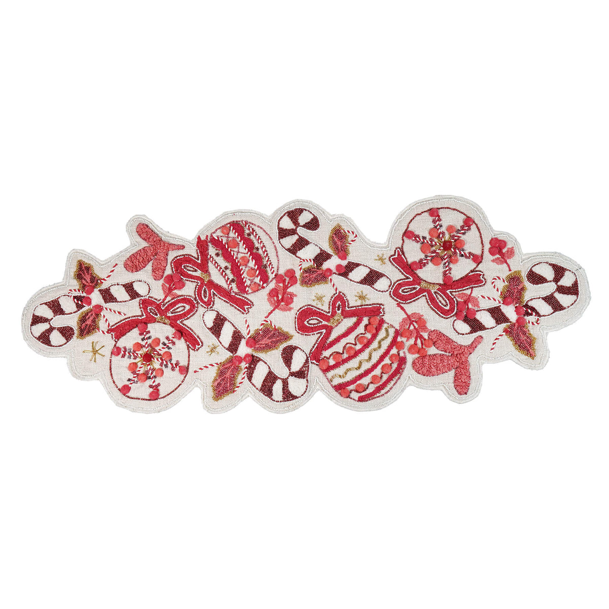 Hand-Embroidered Slub Table Runner With Candy Canes & Ornaments