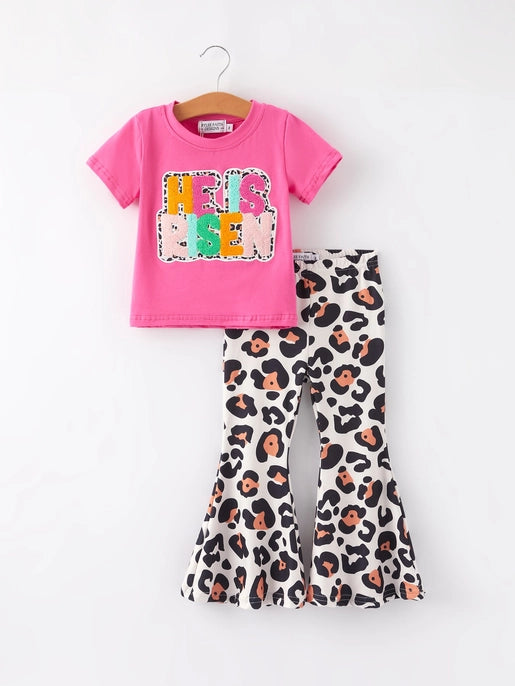 "He Is Risen" Applique Leopard Print Girls Set 8/9
