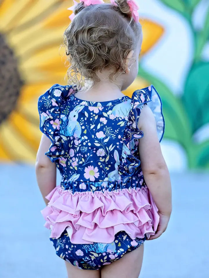 Teal Easter Bunny Garden Ruffle Sleeve Baby Girls Romper
