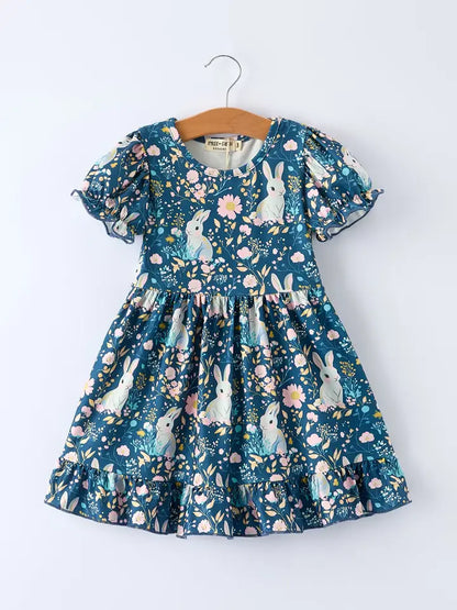 Teal Bunny Garden Ruffle Sleeve Girls Dress