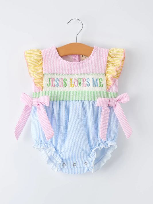 "Jesus Loves Me "Embroidered Baby Girls Romper