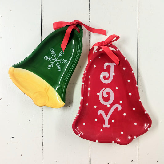 2pc Ceramic Christmas Serving Plates - Joy & Green bells