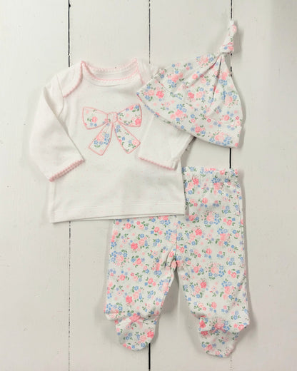 Floral Bow Shirt-Pants Set w/ Hat