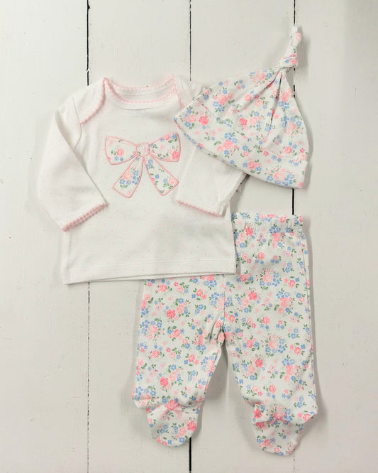 Floral Bow Shirt-Pants Set w/ Hat