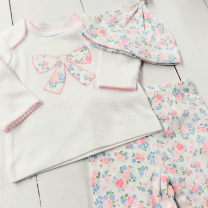 Floral Bow Shirt-Pants Set w/ Hat