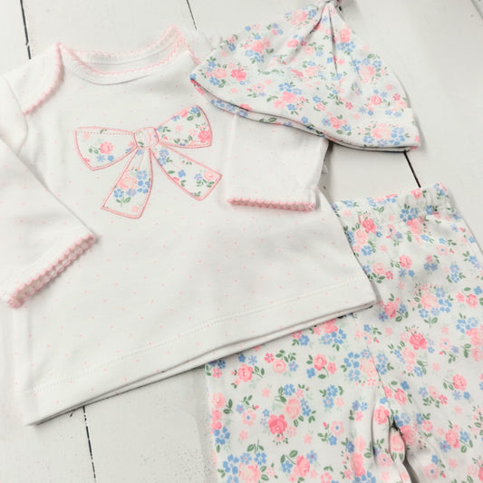 Floral Bow Shirt-Pants Set w/ Hat