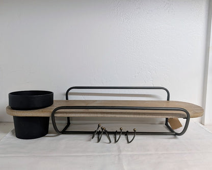 Metal and MDF Wall Shelf w/ Planter & 5 Hooks