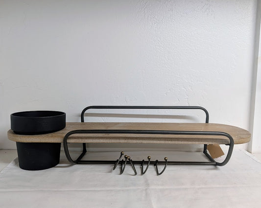 Metal and MDF Wall Shelf w/ Planter & 5 Hooks