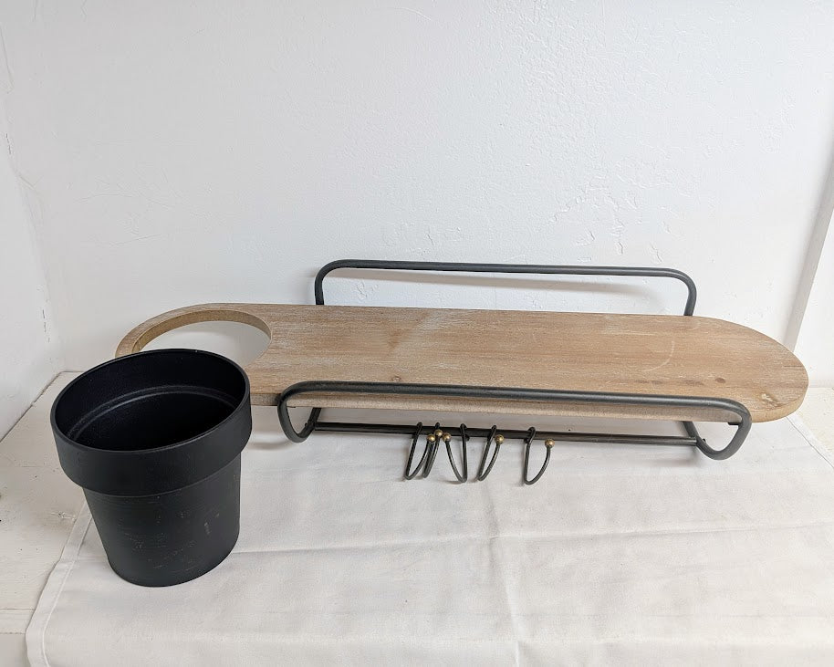 Metal and MDF Wall Shelf w/ Planter & 5 Hooks