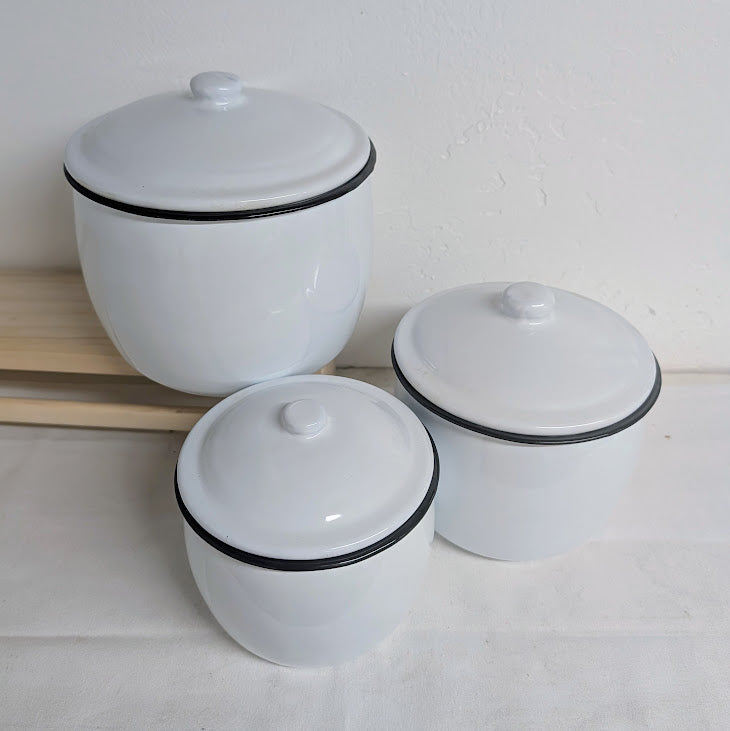 Round White Enamel Canister Set