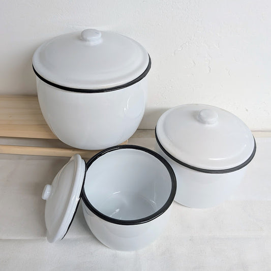Round White Enamel Canister Set