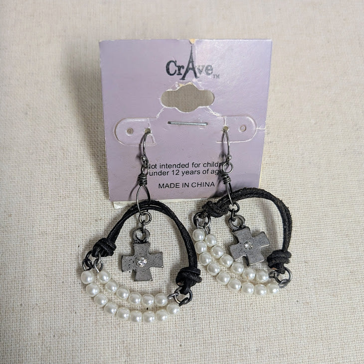 Faux Leather & Pearl Earrings w/ Cross