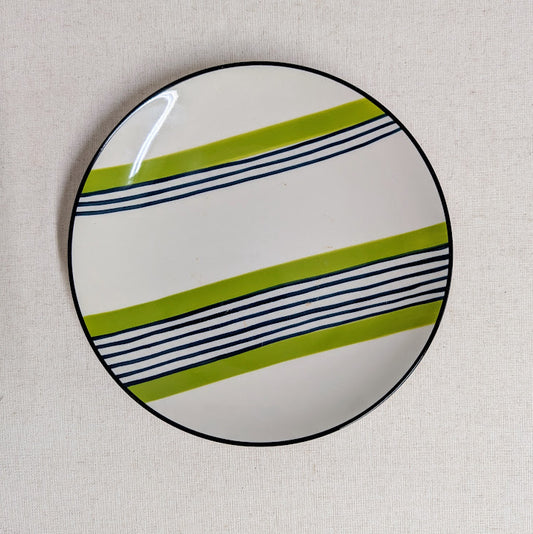 8" Round Stoneware Plate Green & Black Stripe
