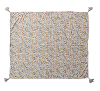 Cotton Chambray Printed Throw w Floral Pattern