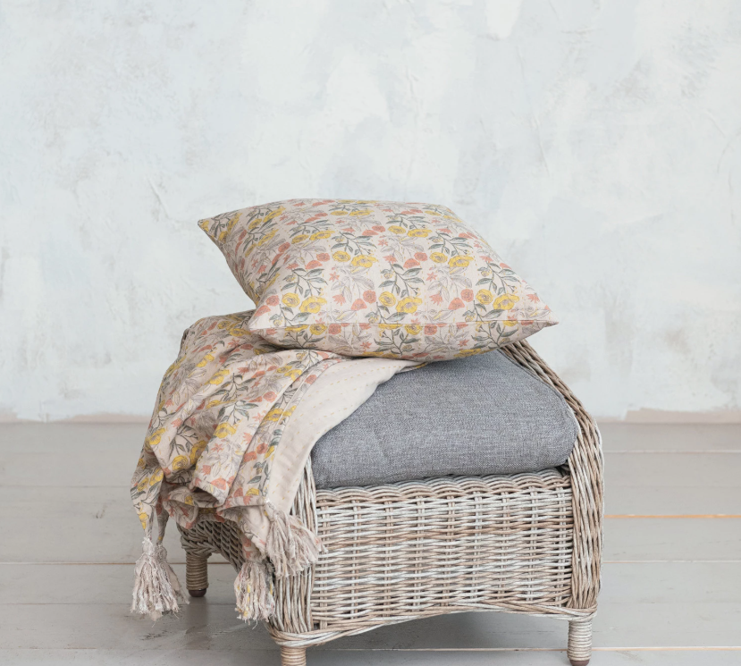 Cotton Chambray Printed Throw w Floral Pattern