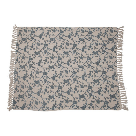 Recycled Cotton Blend Printed Throw with Fringe