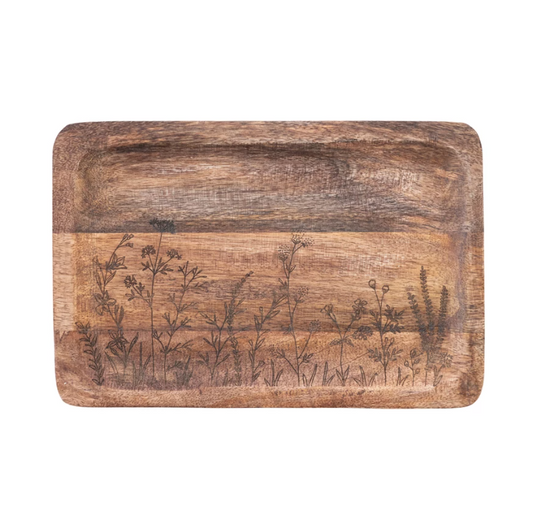 Mango Wood Tray w/ Laser Etched Botanicals