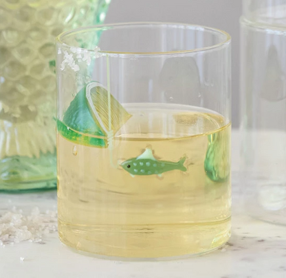 12 oz. Hand-Blown Drinking Glass with Fish On Hook