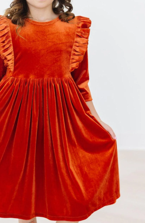 Pumpkin Spice Velvet Ruffle Twirl Dress