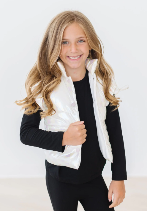White Shimmery Checker Puffer Vest