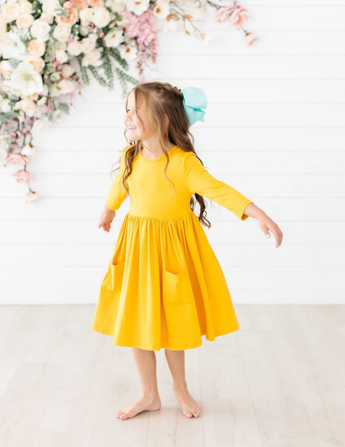 Mustard 3/4 Sleeve Twirl Dress