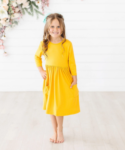 Mustard 3/4 Sleeve Twirl Dress