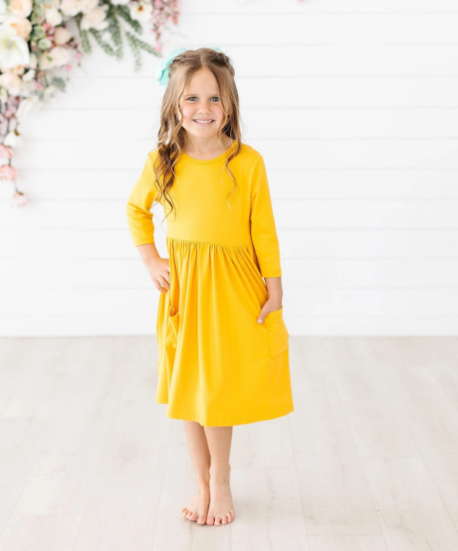 Mustard 3/4 Sleeve Twirl Dress