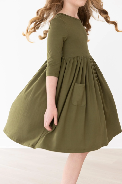 Olive Green 3/4 Sleeve Twirl Dress