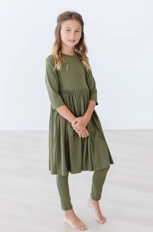Olive Green 3/4 Sleeve Twirl Dress