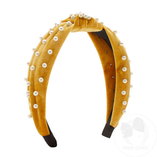 Gold Velvet Knotted Headband w/ Faux Pearls